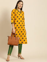 Thumbnail for All About You Women Mustard Yellow Ethnic Motifs Printed Kurta with Green Printed Trousers - Distacart