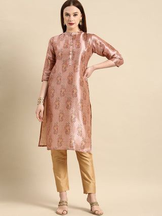 All About You Women Pink Paisley Print Mandarin Collar Pastels Chanderi Silk Blend Kurta - Distacart