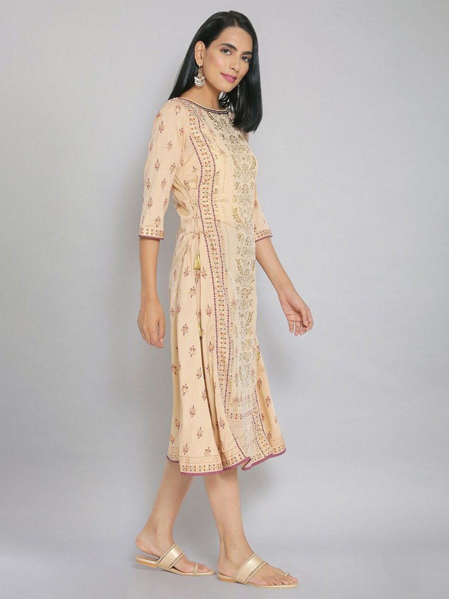 AURELIA Women Beige & Gold-Toned Ethnic Motifs A-Line Midi Dress