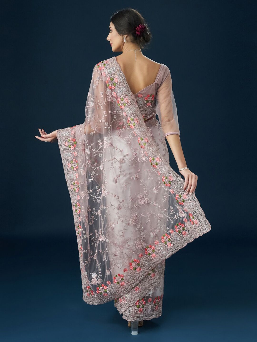 kasee Floral Embroidered Net Saree - Distacart