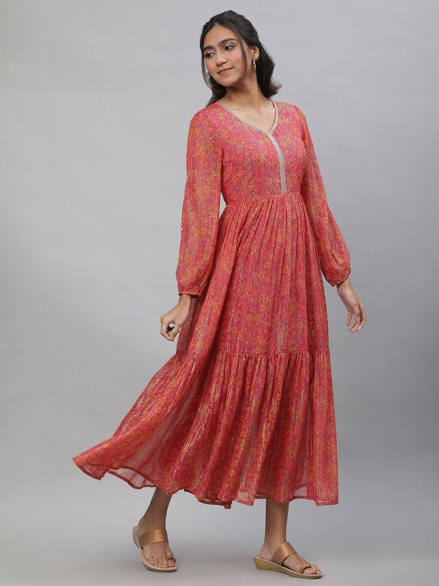AURELIA Floral Printed Georgette Fit & Flare Tiered Maxi Ethnic Dress