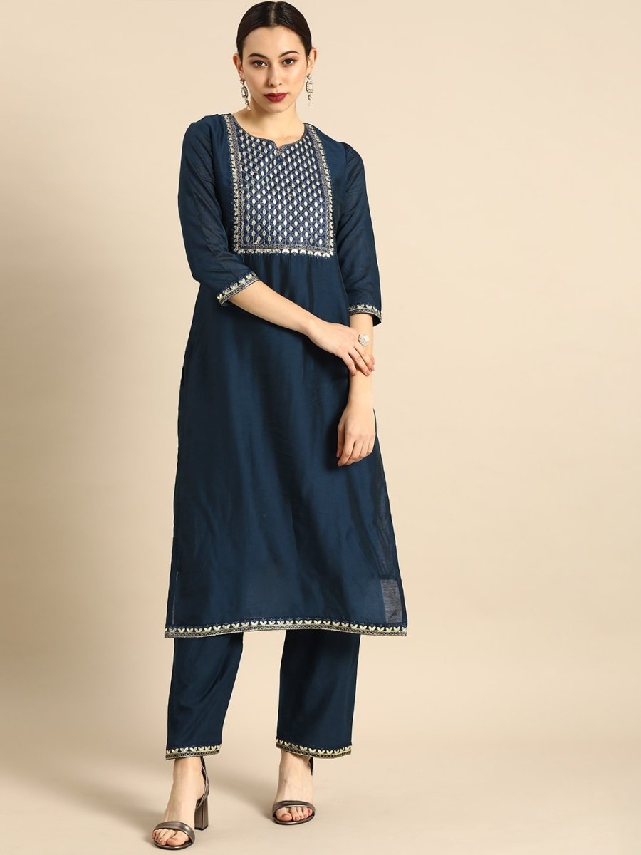 Anouk Women Navy Blue Gotta Patti Embroidered Kurta with Palazzos - Distacart