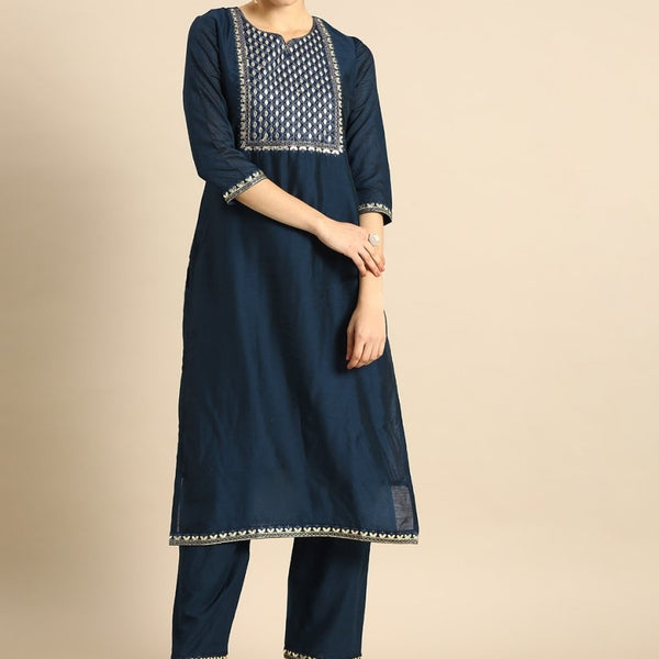 Anouk Women Navy Blue Gotta Patti Embroidered Kurta with Palazzos - Distacart