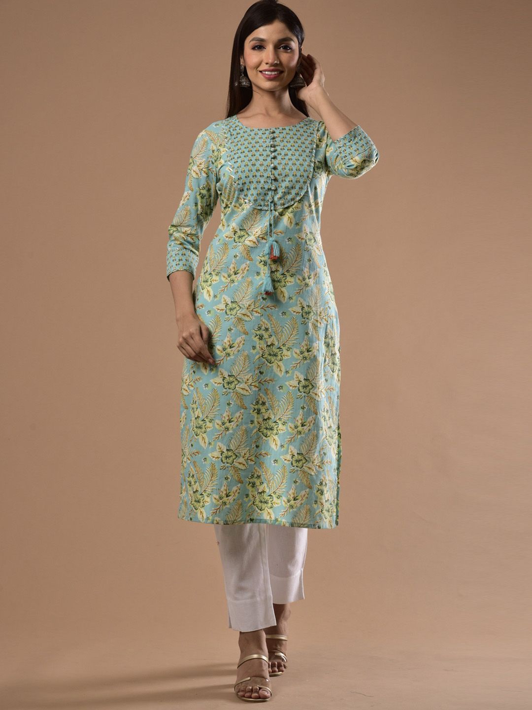 Swasti Women Green Floral Printed Flared Sleeves Mirror Work Floral Kurta - Distacart
