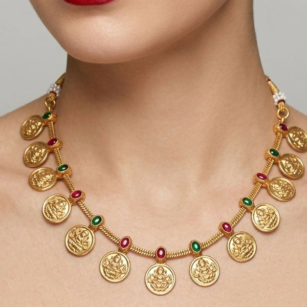 Jewel City Traditional Gold-Plated Temple Lakshmi Coin Necklace Set with Ruby & Emerald Accents - Distacart