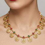 Thumbnail for Jewel City Traditional Gold-Plated Temple Lakshmi Coin Necklace Set with Ruby & Emerald Accents - Distacart