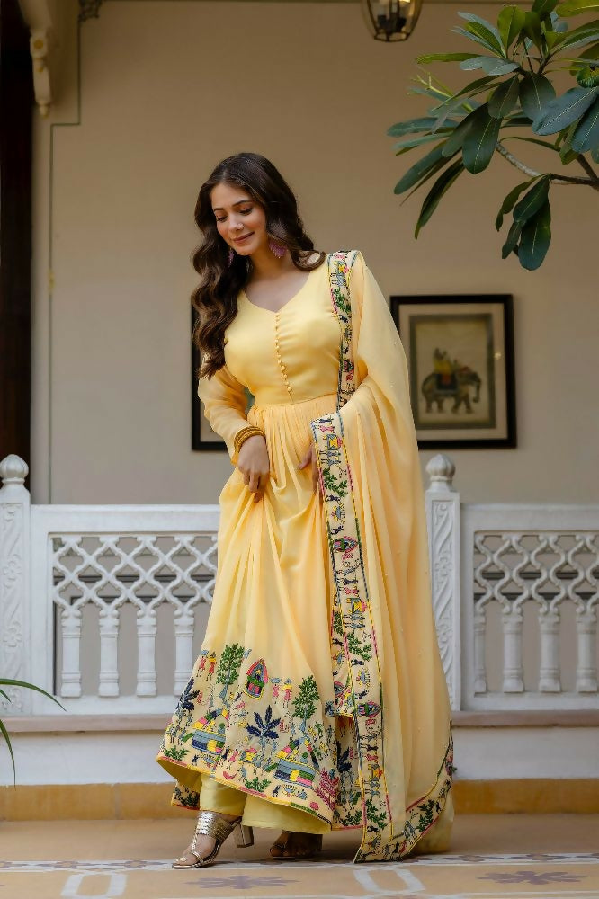 Teeya Creation Yellow Color Faux Georgette Heavy Embroidery Work Party Wear Long Gown - Distacart