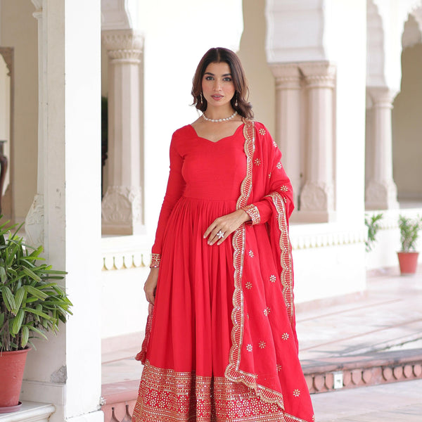 Joban Fashion Red Readymade Kurta Set With Sequence embroidery Work