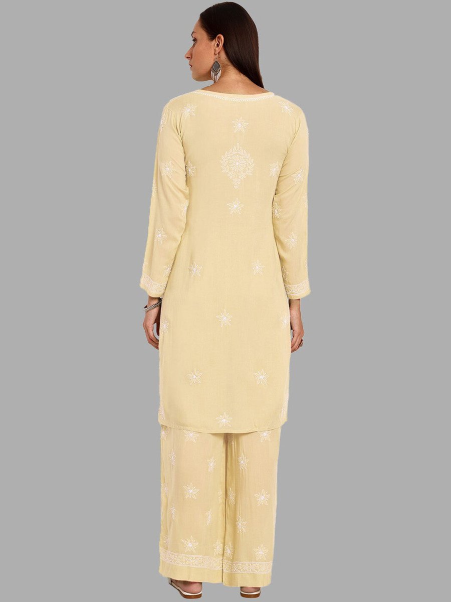 ADA Ethnic Motifs Embroidered Chikankari Straight Kurta with Palazzos - Distacart