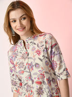 Thumbnail for Sangria Off White Floral Printed Mandarin Collar Cotton A-Line Kurta