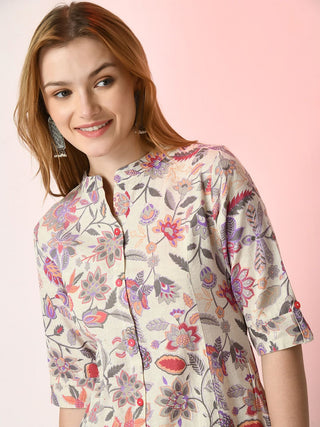 Sangria Off White Floral Printed Mandarin Collar Cotton A-Line Kurta - Distacart