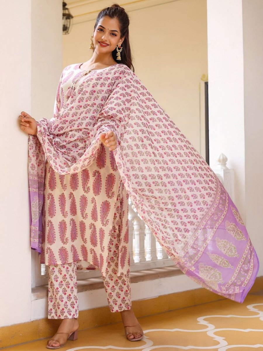 Anouk Paisley Printed Tie-Up Neck Pure Cotton Straight Kurta With Trousers & Dupatta