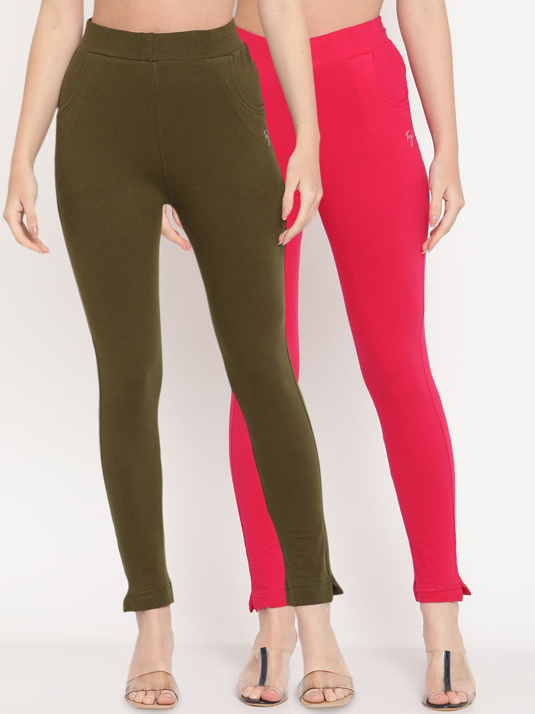 TAG 7 Women Pack Of 2 Olive and Pink Solid Comfort Fit Ankle-Length Leggings - Distacart