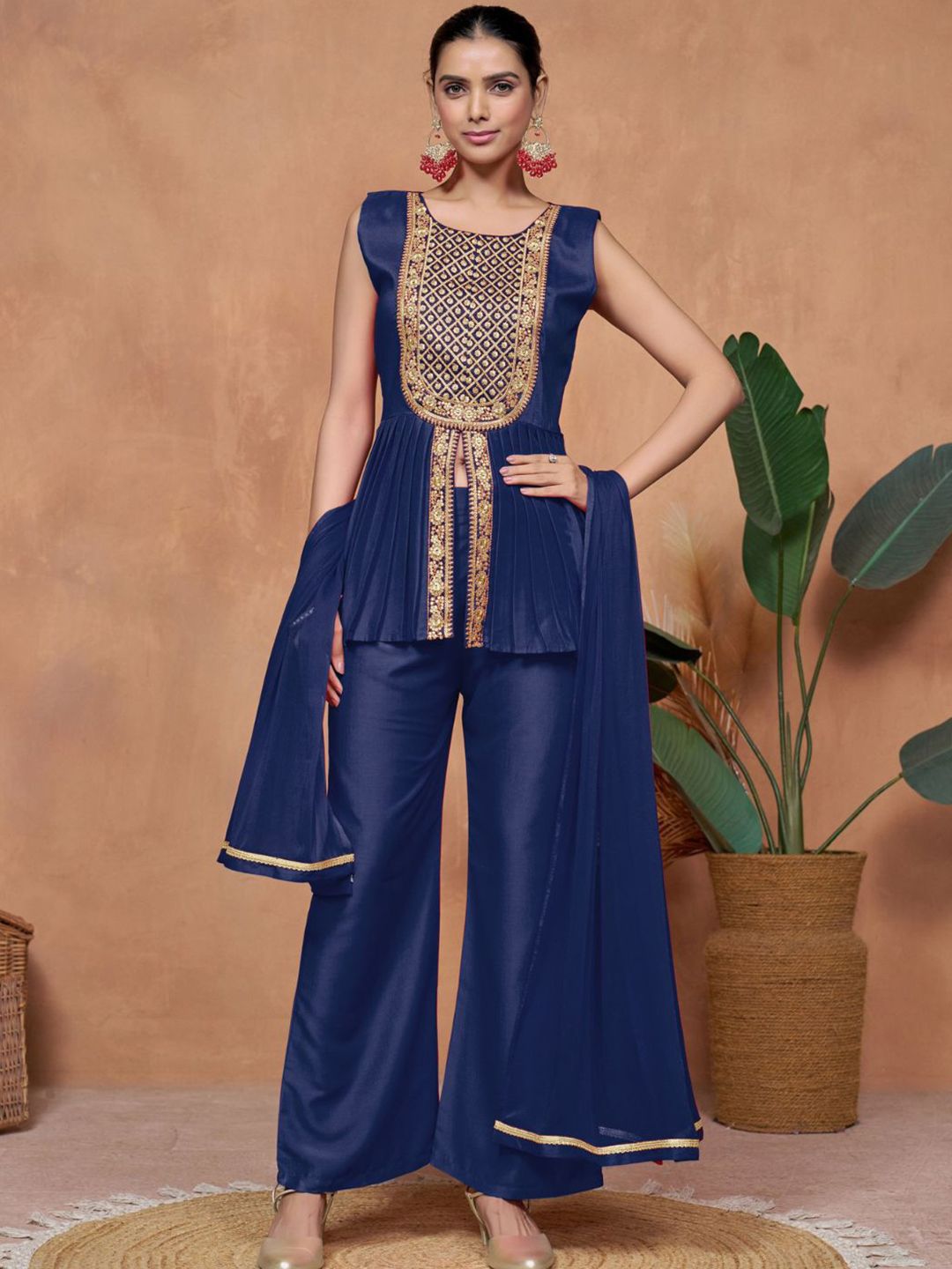 Sangria Chinnon Embroidered A-line Kurta Palazzo With Dupatta Set