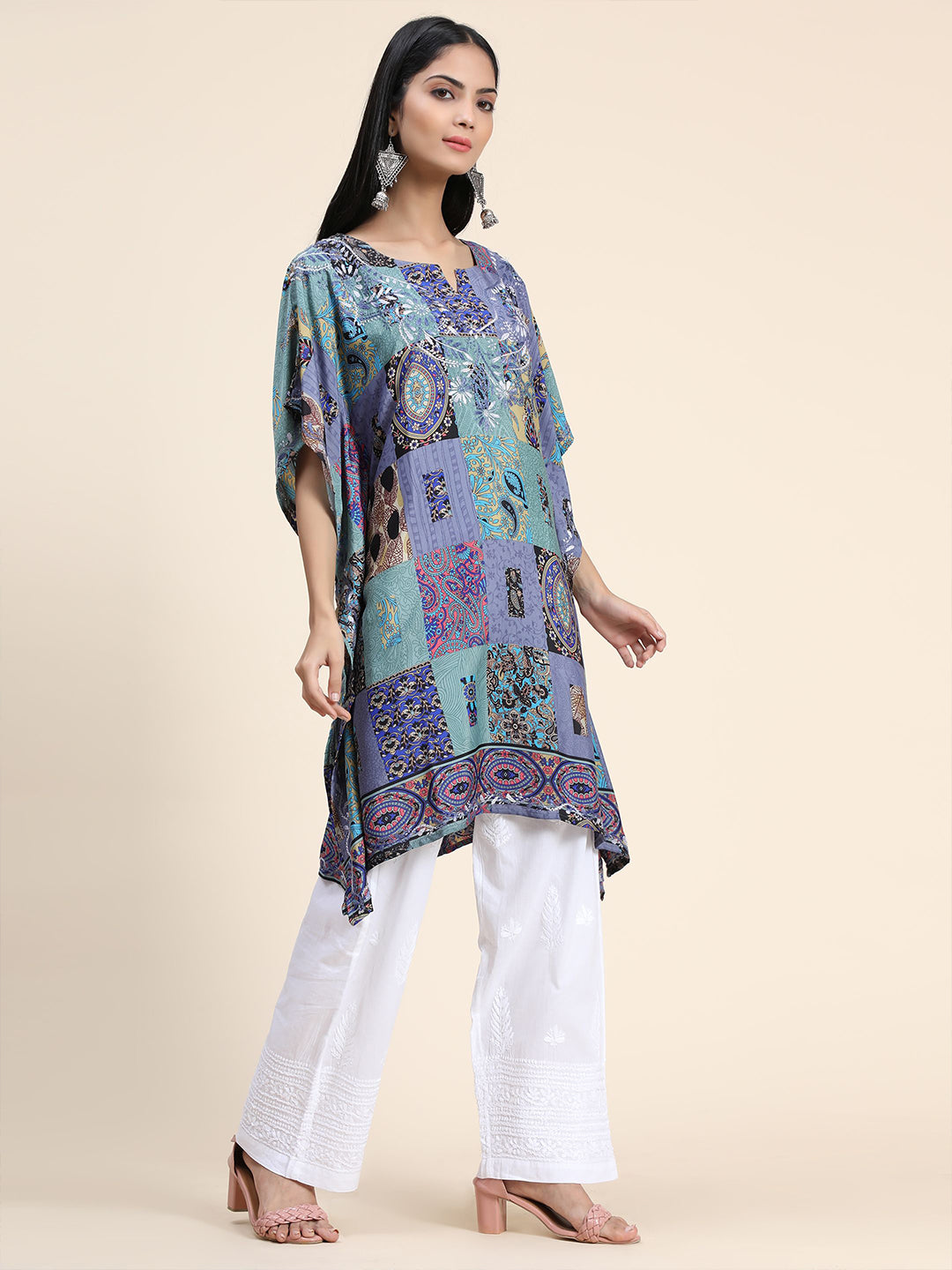 HOUSE OF KARI Ethnic Motifs Printed Notched Neck Chikankari Embroidery Cotton Kaftan Kurta - Distacart
