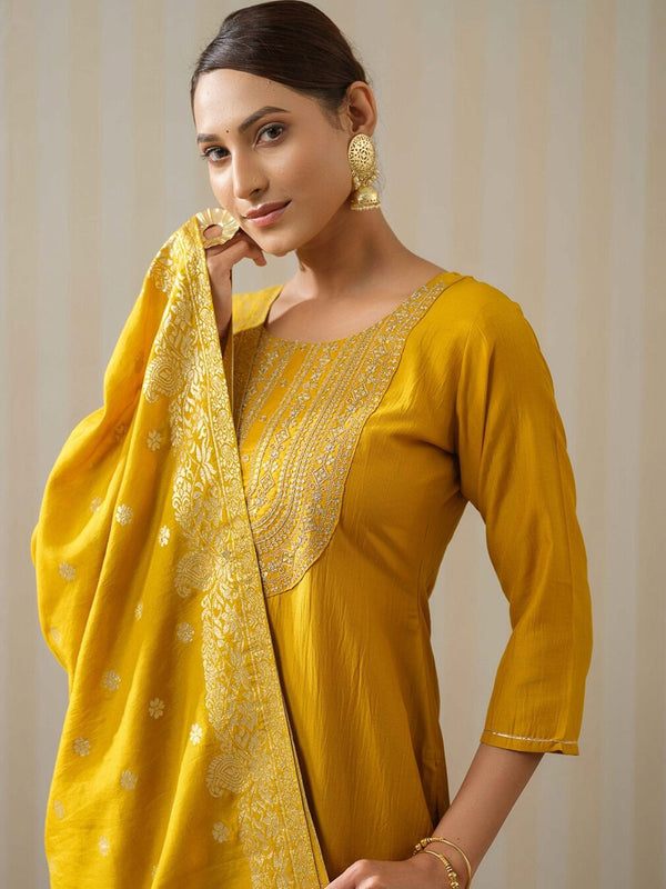 Ode by House of Pataudi Yellow Ethnic Motifs Straight Kurta & Trousers With Dupatta
