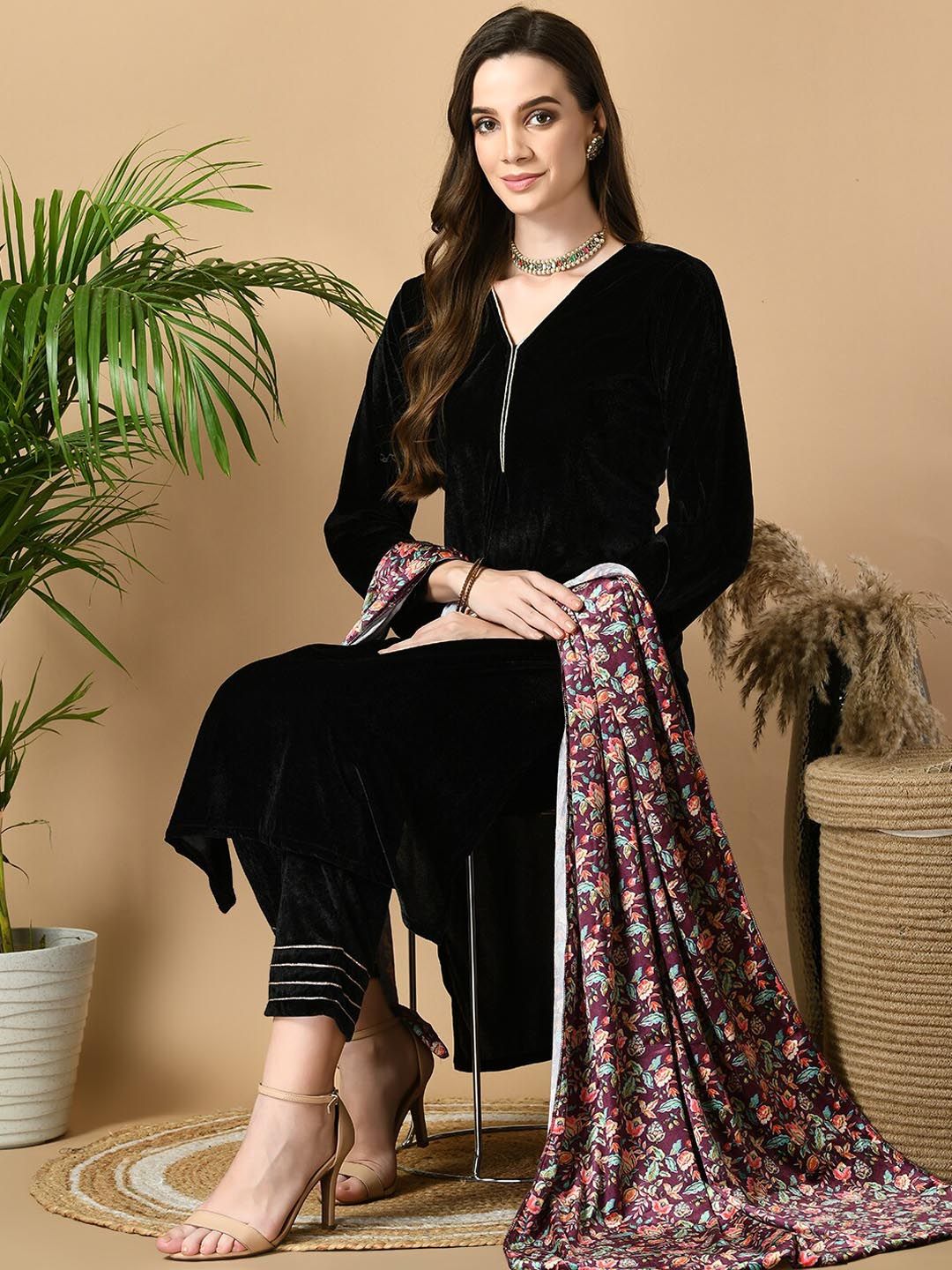Sangria Maroon V-Neck Straight Velvet Kurta with Trousers With Dupatta - Distacart