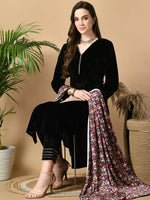 Thumbnail for Sangria Maroon V-Neck Straight Velvet Kurta with Trousers With Dupatta - Distacart