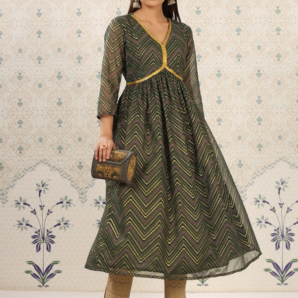 Ode by House of Pataudi Ethnic Motifs Printed V-Neck Thread Work Empire Anarkali Kurta - Distacart