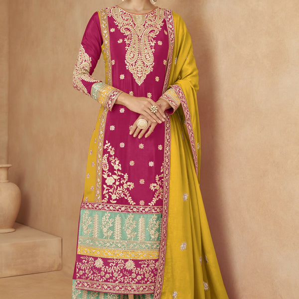 Anaita Red Chinon Suit with Embroidery Coding Sequence Work