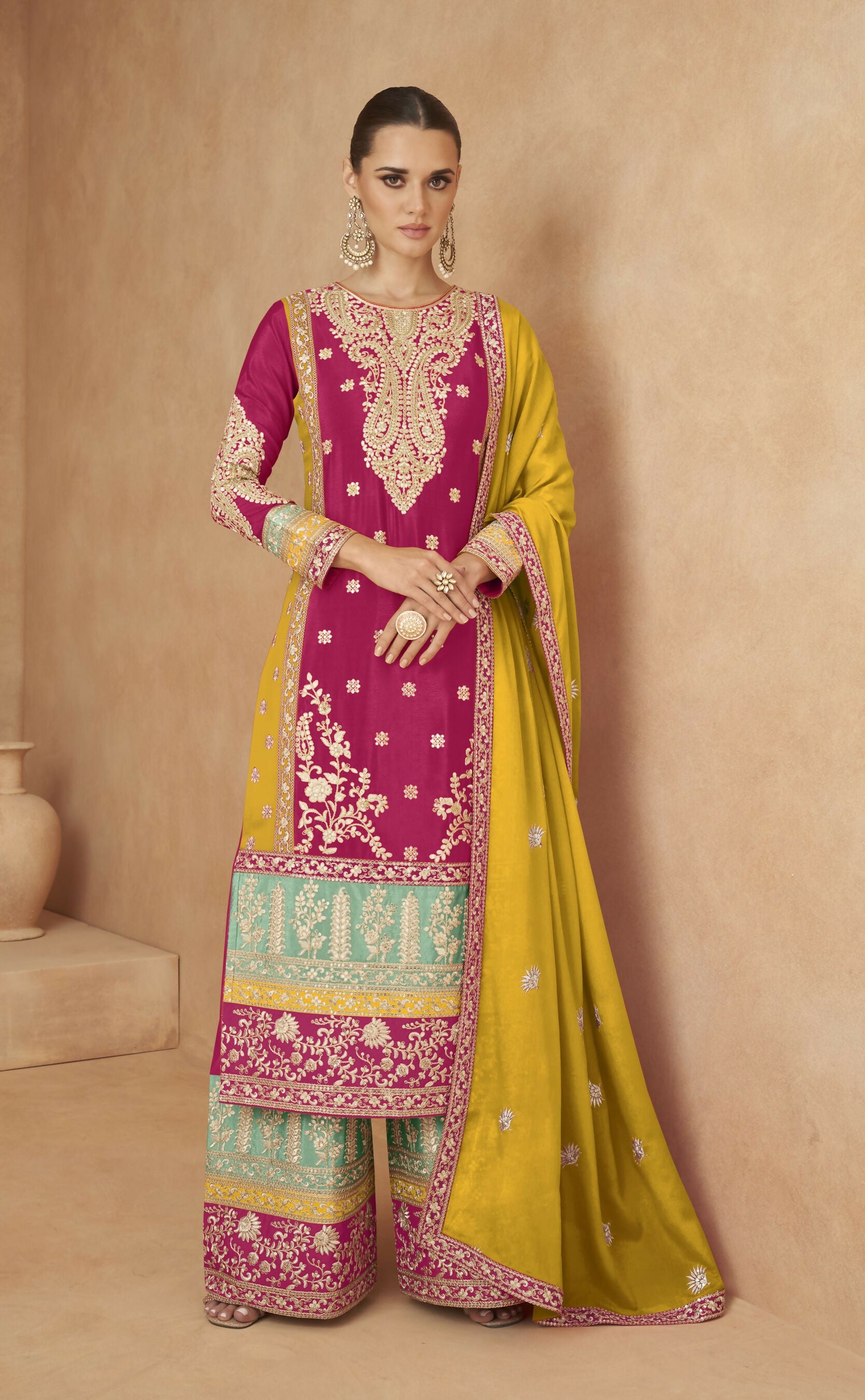 Anaita Red Chinon Suit with Embroidery Coding Sequence Work