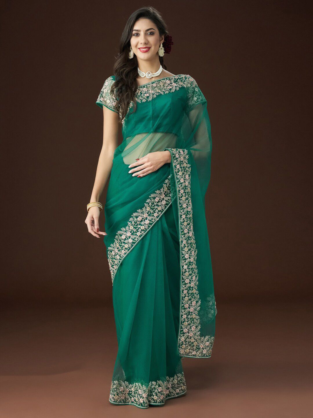 kasee Floral Embroidered Net Saree - Distacart