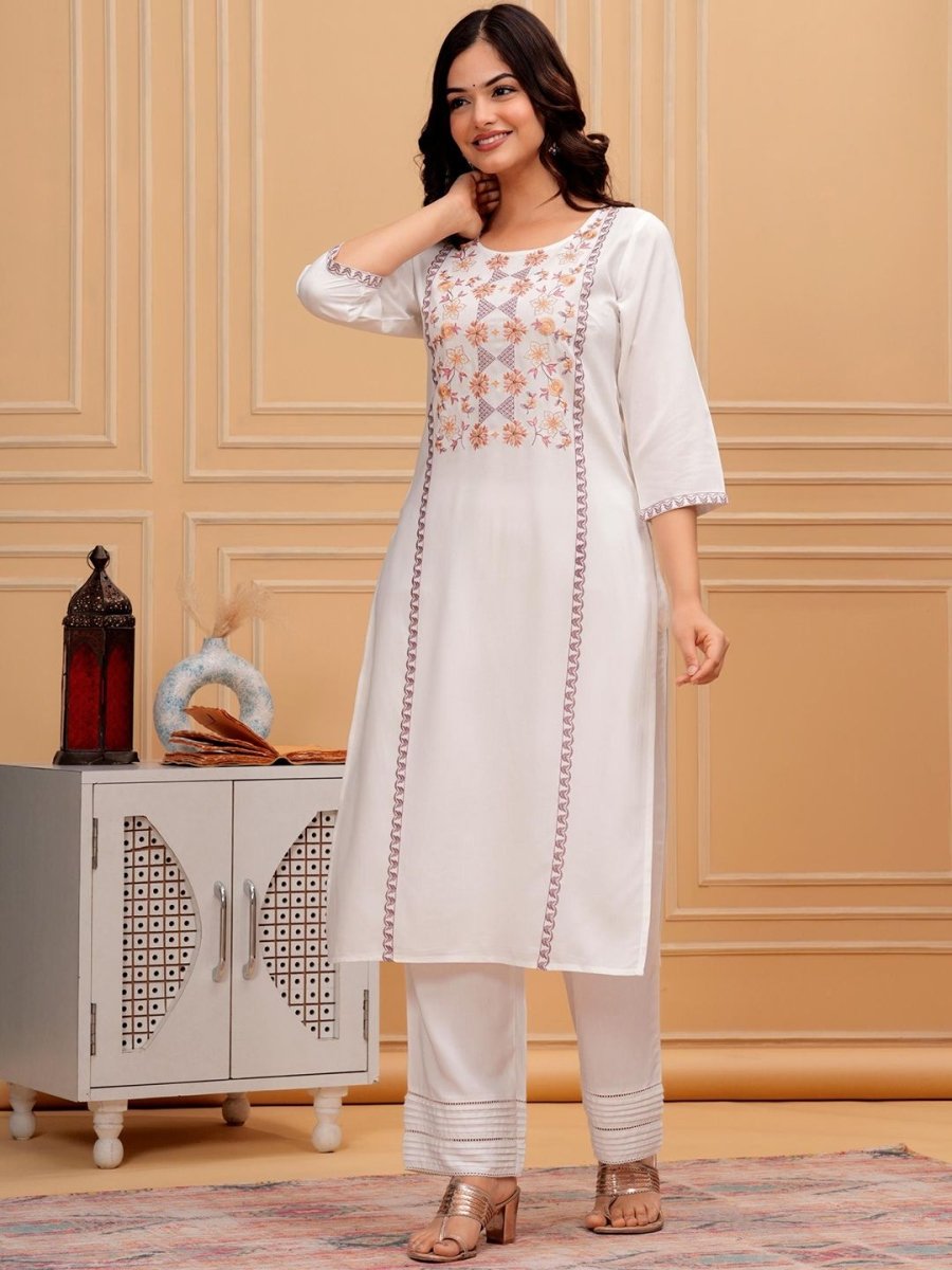Anouk White Ethnic Motifs Yoke Design Round Neck Regular Straight Thread Work Modal Kurta