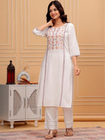 Thumbnail for Anouk White Ethnic Motifs Yoke Design Round Neck Regular Straight Thread Work Modal Kurta