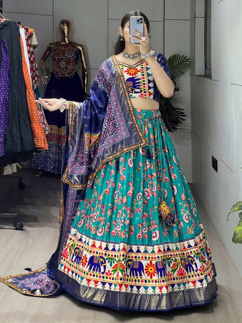 Yash Enterprise Firozi Silk Embroidery Semi Stitched Navratri Chaniya Choli - Dista
