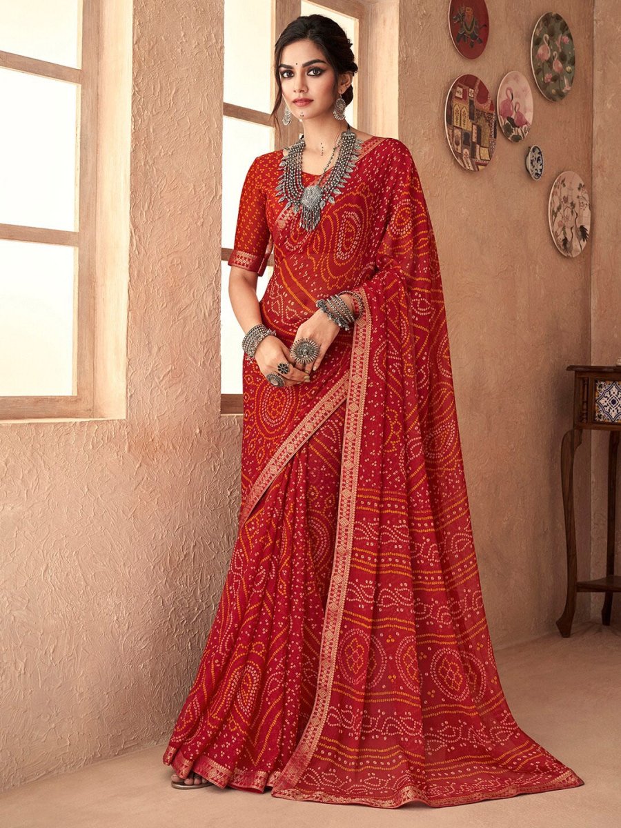 Anouk Red Bandhani Zari Pure Chiffon Bandhani Saree - Distacart