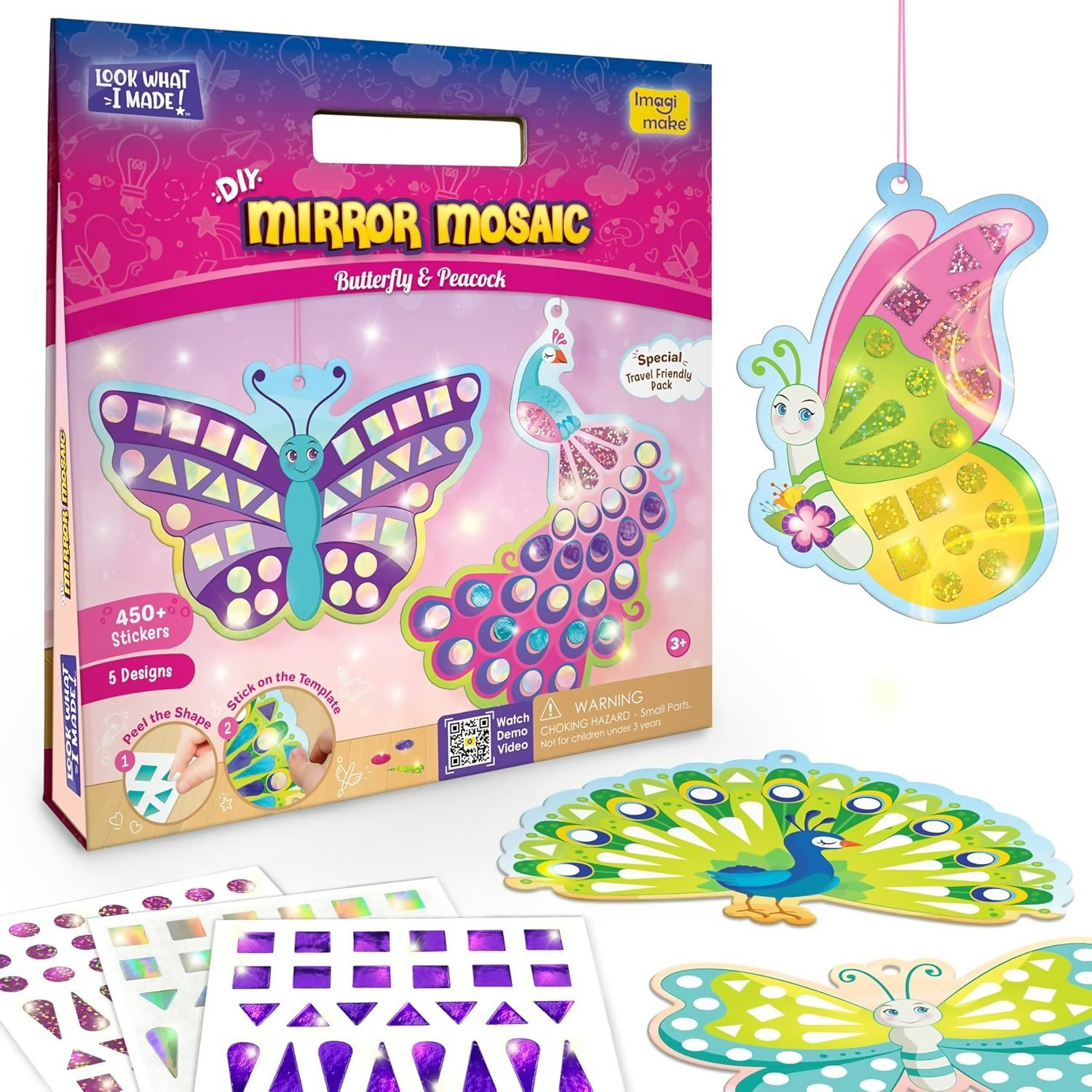 Imagimake Mirror Mosaic Butterfly & Peacock Mess Free DIY Mosaic Craft Kit 450+ Foil Sticker Travel Toys for Girls Birthday Gift for Girls Ages 3,4,5,6,7,8, Peach - Distacart