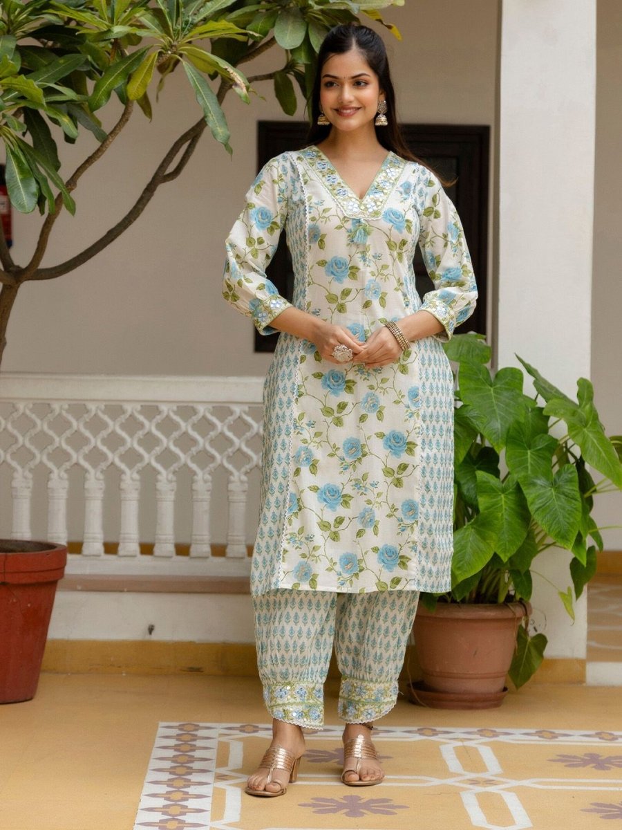Anouk Floral Yoke Design Empire Mirror Work Pure Cotton Kurta with Patiala & Dupatta