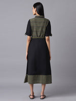 Thumbnail for AURELIA Black & black chocolate Checked Tie-Up Neck A-Line Midi Dress