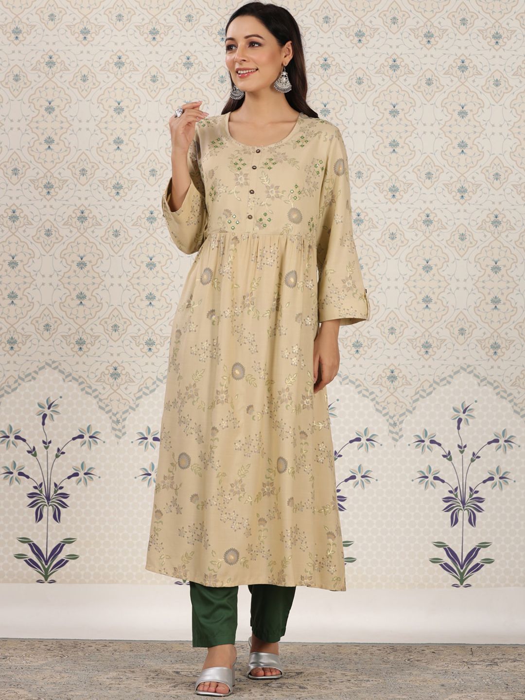 Ode by House of Pataudi Ethnic motifs Printed Mirror Work Detailed A-Line Kurta - Distacart