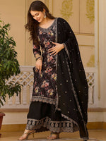 Thumbnail for The52 Black Women's Gorgeous Embroidered Chinon Fabric Straight Kurta Palazzo and Dupatta Set - Distacart