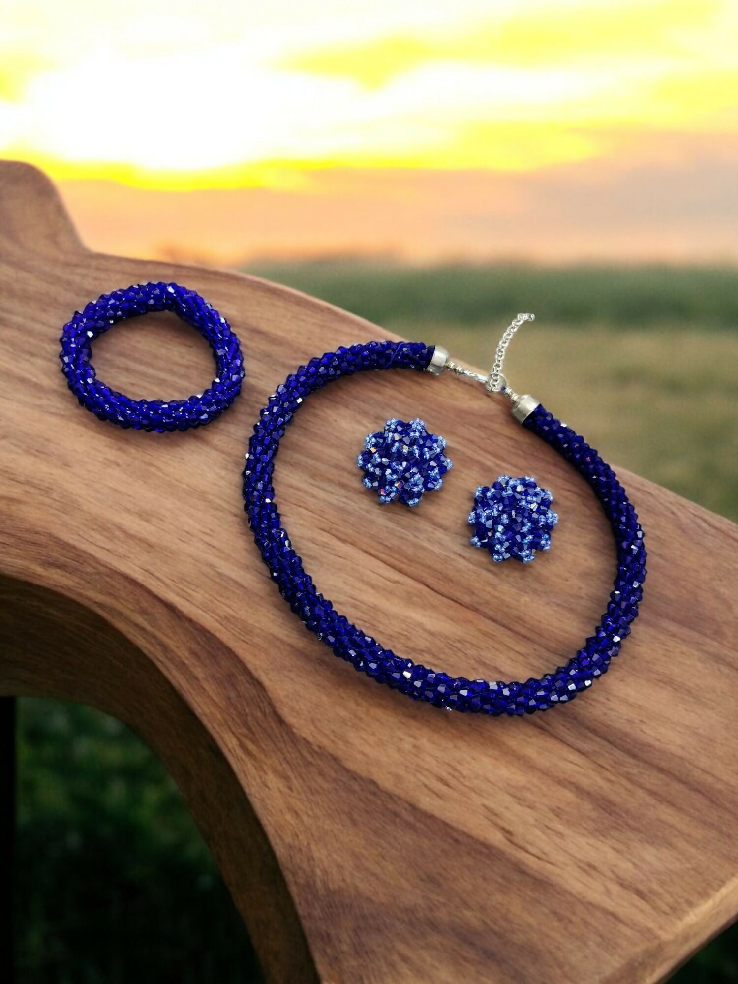 Inhanns Complete Look Crystal Statement 3-Piece Set (Adjustable Necklace + Earrings + Adjustable Bangle ) - Blue - Distacart