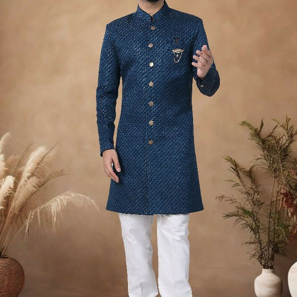 Joban Fashion Men's Blue Straight Silk Thread & Sequence Embroidery All Over Indo-Western Kurta Set - Distacart