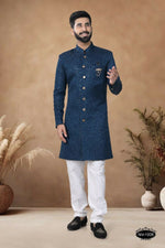 Thumbnail for Joban Fashion Men's Blue Straight Silk Thread & Sequence Embroidery All Over Indo-Western Kurta Set - Distacart