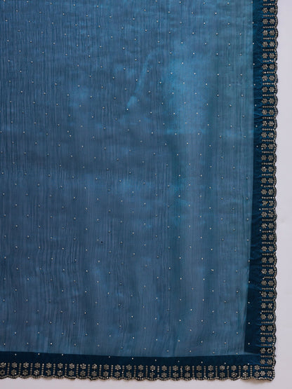 Teal Organza Swaroski Diamond Work Saree with Unstitched Blouse - Radha - Distacart