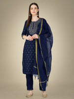 Thumbnail for Jyoti Fashion Women's Navy Blue Cotton Magic Slub Embroidery & Sequence work Kurta with Trouser & Dupatta - Distacart