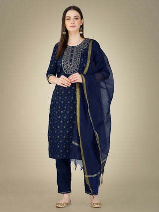 Jyoti Fashion Women's Navy Blue Cotton Magic Slub Embroidery & Sequence work Kurta with Trouser & Dupatta - Distacart