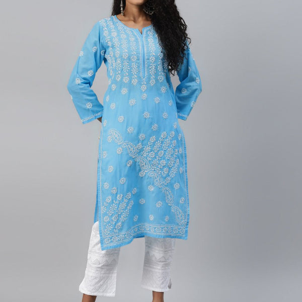 ADA Women Blue & White Ethnic Motifs Hand Embroidered Chikankari Handloom Kurta - Distacart