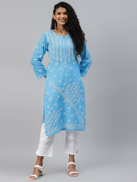 ADA Women Blue & White Ethnic Motifs Hand Embroidered Chikankari Handloom Kurta - Distacart