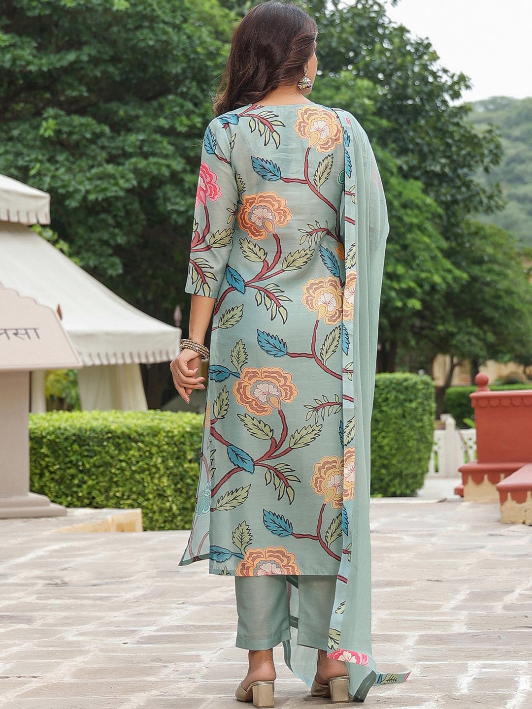 Kalini Floral Printed V-Neck Straight Kurta & Trousers With Dupatta - Distacart