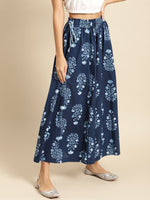 Thumbnail for TAG 7 Women Navy Blue & White Printed Flared Palazzos