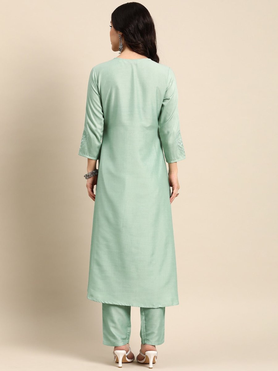 All About You Ethnic Motifs Embroidered Mirror Work Kurta With Trousers - Distacart