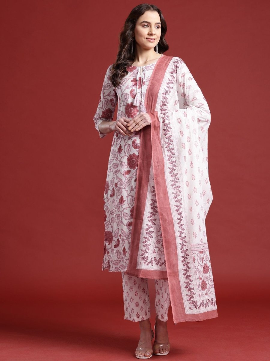 Anouk Floral Print Cotton Kurta with Trousers & Dupatta - Distacart