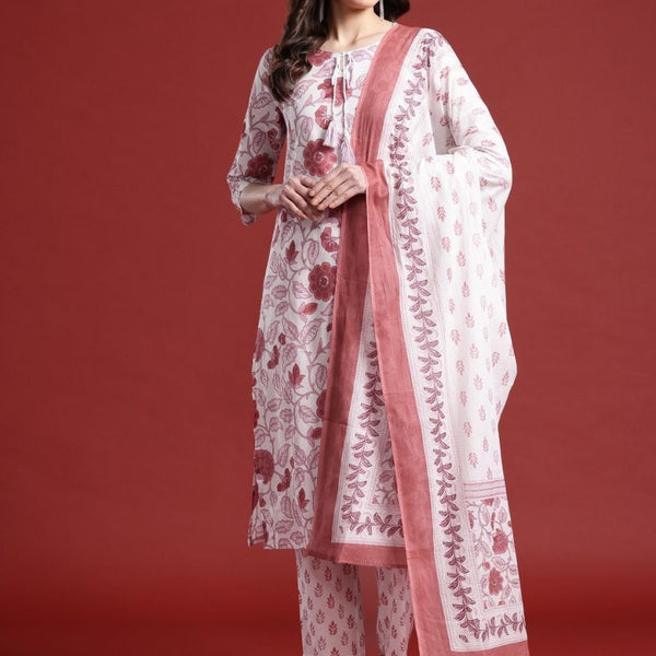 Anouk Floral Print Cotton Kurta with Trousers & Dupatta - Distacart