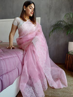 Thumbnail for Anouk Pink Floral Embroidered Organza Saree - Distacart