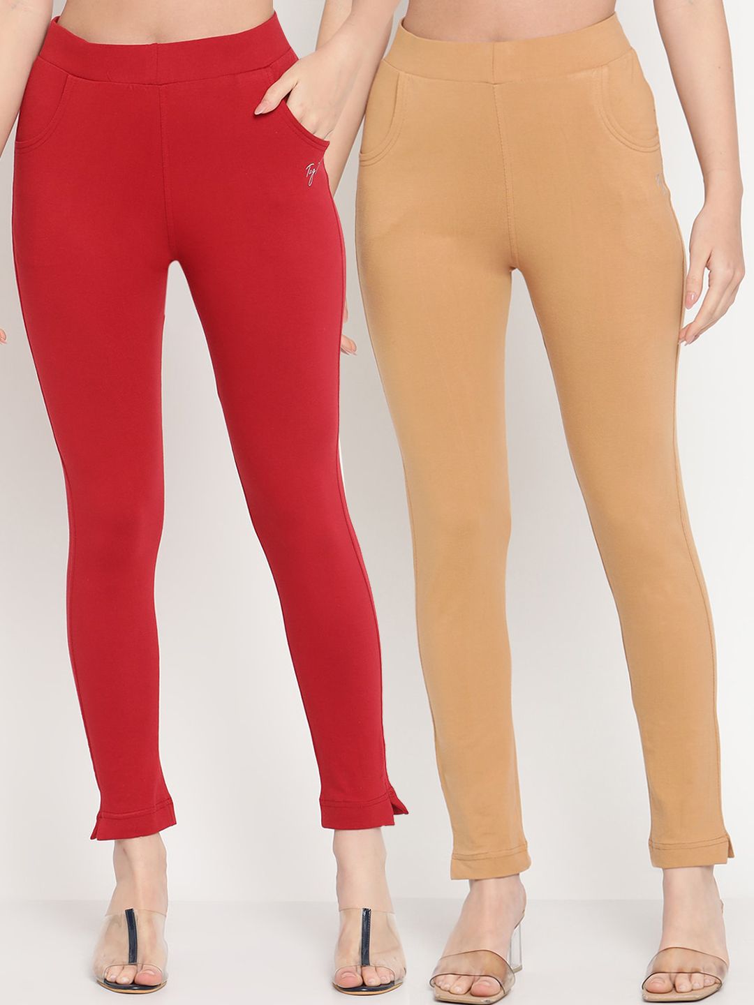 TAG 7 Women Pack of 2 Maroon & Beige Solid Kurti Pants - Distacart